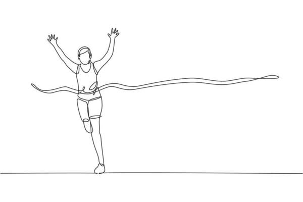 One continuous line drawing of young sporty man runner crosses the finish line. Health activity sport concept. Dynamic single line draw design vector illustration for running event promotion poster