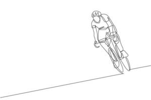 One single line drawing of young energetic man bicycle racer training in the road graphic vector illustration. Racing cyclist concept. Modern continuous line draw design for cycling tournament banner