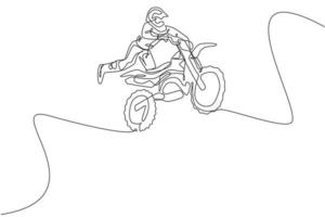 One single line drawing of young motocross rider flying freestyle at race track vector graphic illustration. Extreme sport concept. Modern continuous line draw design for motocross race event banner