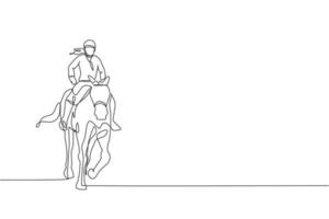 un dibujo de una sola línea de una joven jinete que realiza una prueba de doma ilustración gráfica vectorial. concepto de competición de espectáculo deportivo ecuestre. diseño moderno de dibujo de línea continua