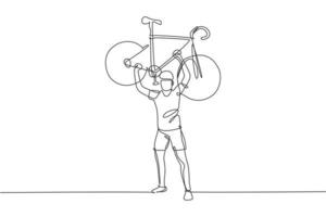 One continuous line drawing young sporty man bicycle racer lift up his light bicycle. Road cyclist concept. Dynamic single line draw design graphic vector illustration for cycling competition poster