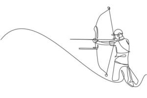 Single continuous line drawing of young professional archer man focus aiming archery target. Archery sport exercise with the bow concept. Trendy one line draw design vector illustration graphic