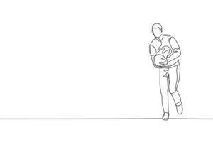 un dibujo de línea continua de un joven jugador de bolos feliz que tira la pelota al carril para golpear el alfiler. concepto de actividad de estilo de vida y deporte saludable. Ilustración de vector de diseño de dibujo de línea única dinámica