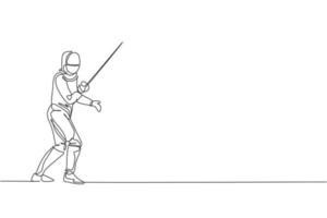 One single line drawing of young man fencer athlete in fencing costume exercising motion on sport arena vector illustration. Combative and fighting sport concept. Modern continuous line draw design