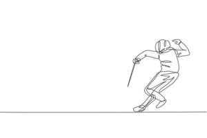 Single continuous line drawing young professional fencer athlete man in fencing mask and rapier. Competitive fighting sport competition concept. Trendy one line draw design graphic vector illustration