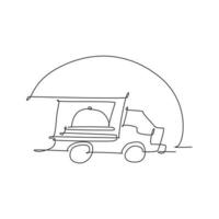 Single continuous line drawing of stylized truck box car with tray cover cloche for food delivery service logo label. Restaurant food delivery concept. Modern one line draw design vector illustration