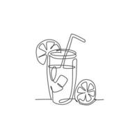 One continuous line drawing of fresh delicious lemonade ice with sliced lemon for restaurant menu. Drink cafe shop logotype template concept. Modern single line draw design vector graphic illustration