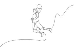 One single line drawing of young energetic basketball player slam dunk vector illustration. Sports competition concept. Modern continuous line draw design for basketball tournament poster and banner