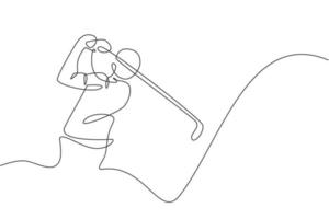 One continuous line drawing of young golf player swing golf club and hit the ball. Leisure sport concept. Dynamic single line draw design graphic vector illustration for tournament promotion media