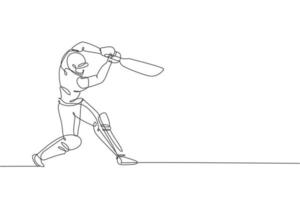 One continuous line drawing of young happy woman cricket player focus standing to hit the ball vector illustration. Competitive sport concept. Dynamic single line draw design for advertisement poster