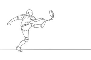 One single line drawing of energetic american football player kicking the ball hard at arena for league promotion. Sport competition concept. Modern continuous line draw design vector illustration