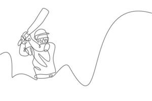 un dibujo de una sola línea de un joven jugador de cricket enérgico que practica para golpear la pelota con precisión ilustración vectorial. concepto de deporte diseño moderno de dibujo de línea continua para banner de competencia de cricket vector