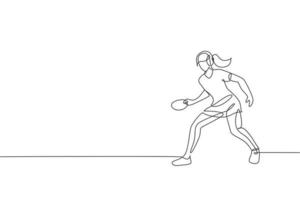 dibujo de una sola línea continua de una joven jugadora de tenis de mesa ágil que sostiene la pelota. concepto de ejercicio deportivo. ilustración vectorial de diseño de dibujo de una línea de moda para los medios de promoción del torneo de ping pong vector