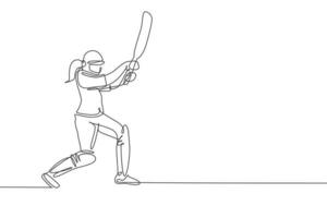 un dibujo de una sola línea de una joven jugadora de críquet enérgica parada y golpeando la pelota tan fuerte ilustración vectorial. concepto de deporte diseño moderno de dibujo de línea continua para banner de competencia de cricket vector