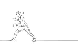 Single continuous line drawing of young agile woman table tennis player serve the ball. Sport exercise concept. Trendy one line draw design vector illustration for ping pong tournament promotion media