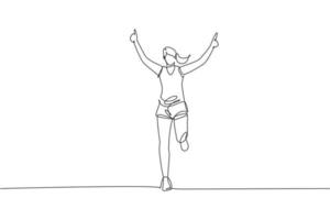 un dibujo de línea continua de una joven atleta corredora llega a la línea de meta. deporte individual, concepto competitivo. ilustración de vector de diseño de dibujo de línea única dinámica para correr cartel de competencia