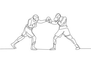 One continuous line drawing of two young sporty men boxer duel at boxing ring. Competitive combat sport concept. Dynamic single line draw design vector illustration for boxing match promotion poster