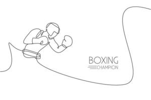 One continuous line drawing of young sporty man boxer focus practicing at gym. Competitive combat sport concept. Dynamic single line draw design vector illustration for boxing match promotion poster