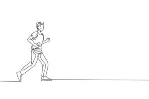 Single continuous line drawing young agile man runner run calm and relax listening to music. Healthy sport action concept. Trendy one line draw design vector illustration graphic for running campaign