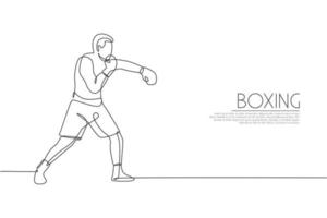 One single line drawing of young energetic man boxer improve his punch attack vector illustration. Sport combative training concept. Modern continuous line draw design for boxing championship banner