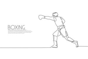 One continuous line drawing of young sporty man boxer practicing hook punch. Competitive combat sport concept. Dynamic single line draw design vector illustration for boxing match promotion poster