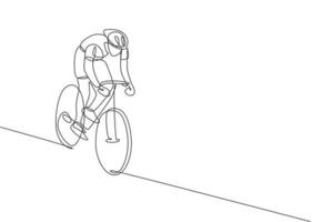 One single line drawing of young energetic man bicycle racer focus to chase after rival vector illustration. Racing cyclist concept. Modern continuous line draw design for cycling tournament banner