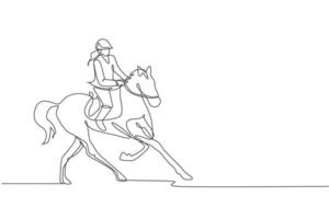 One continuous line drawing of young horse rider woman in action. Equine run training at racing track. Equestrian sport competition concept. Dynamic single line draw design vector illustration graphic