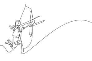 un dibujo de una sola línea de un joven arquero centrado en el ejercicio de tiro con arco para alcanzar la ilustración gráfica del vector objetivo. tiro de actualización saludable con el concepto de deporte de arco. diseño moderno de dibujo de línea continua