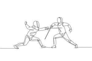 One single line drawing of two young men fencer athlete in fencing costume exercise motion on sport arena vector illustration. Combative and fighting sport concept. Modern continuous line draw design