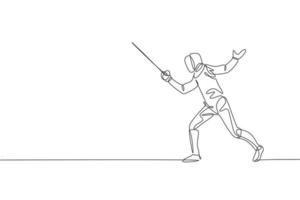 One continuous line drawing of young woman fencing athlete practice fighting on professional sport arena. Fencing costume and holding sword concept. Dynamic single line draw design vector illustration