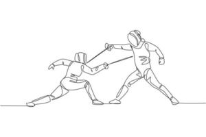 un dibujo de una sola línea de dos jóvenes atletas de esgrimista en movimiento de ejercicio de vestuario de esgrima en la ilustración de vector de arena deportiva. concepto de deporte combativo y de lucha. diseño moderno de dibujo de línea continua