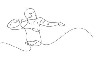 One continuous line drawing young powerful american football player posing to pass the ball for competition poster. Sport teamwork concept. Dynamic single line draw design graphic vector illustration