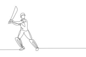 un dibujo de línea continua de una joven feliz posición de jugador de cricket de pie para golpear la ilustración de vector de pelota. concepto de deporte competitivo. diseño dinámico de dibujo de una sola línea para póster publicitario