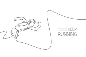 One continuous line drawing of young sporty man runner focus to sprint run fast. Health activity sport concept. Dynamic single line draw design vector illustration for running event promotion poster