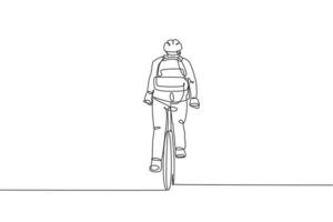 One continuous line drawing of young professional manager man cycling ride bike to his office, rear view. Healthy working urban lifestyle concept. Dynamic single line draw design vector illustration