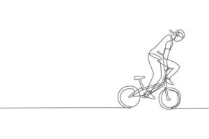 One single line drawing of young bmx bicycle rider performing freestyle trick on street vector illustration. Extreme sport concept. Modern continuous line draw design for freestyle competition banner