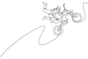 One single line drawing of young motocross rider does dangerous freestyle trick at track vector illustration. Extreme sport concept. Modern continuous line draw design for motocross race event banner