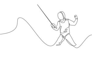 One single line drawing of young man fencer athlete in fencing costume exercising motion on sport arena vector illustration. Combative and fighting sport concept. Modern continuous line draw design