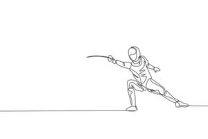 One continuous line drawing of young man fencing athlete practice fighting on professional sport arena. Fencing costume and holding sword concept. Dynamic single line draw design vector illustration