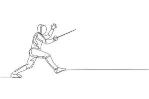 One continuous line drawing of young man fencing athlete practice fighting on professional sport arena. Fencing costume and holding sword concept. Dynamic single line draw design vector illustration