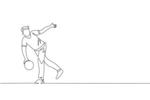 One continuous line drawing of young happy bowling player man throw ball into lane to hit the pin. Healthy sport and lifestyle activity concept. Dynamic single line draw design vector illustration