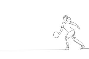 One continuous line drawing of young happy bowling player woman throw ball into lane to hit the pin. Healthy sport and lifestyle activity concept. Dynamic single line draw design vector illustration