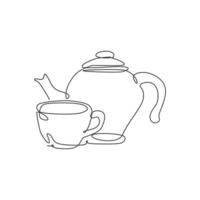 Single continuous line drawing of stylized clay ceramic teapot and porcelain cup of tea. Emblem beverage store concept. Modern one line draw design vector graphic illustration for cafe and drink shop