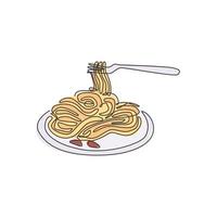 un dibujo de línea continua del delicioso emblema del logotipo del restaurante de pasta de espagueti italiano fresco. concepto de plantilla de logotipo de tienda de fideos de comida rápida de italia. ilustración de vector de diseño de dibujo de línea única moderna