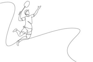 Single continuous line drawing of young agile badminton player jump and smash the ball. Sport exercise concept. Trendy one line draw design vector illustration for badminton tournament publication