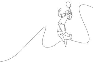 One single line drawing of young energetic badminton player jumping and smash shuttlecock vector illustration. Healthy sport concept. Modern continuous line draw design for badminton tournament poster