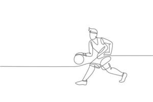 One continuous line drawing of young basketball player running and dribbling the ball. Teamwork sport concept. Dynamic single line draw design vector illustration for team college recruitment poster