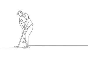 One continuous line drawing of young golf player swing golf club and hit the ball. Leisure sport concept. Dynamic single line draw graphic design vector illustration for tournament promotion media