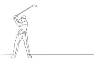 Single continuous line drawing of young happy golf player swing the golf club to hit the ball. Hobby sport concept. Trendy one line draw design vector illustration for golf tournament promotion media