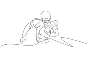 One continuous line drawing of young happy man american football player running and hold the ball for competition poster. Sport teamwork concept. Dynamic single line draw design vector illustration